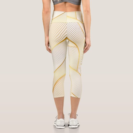 Elegante, moderne Floral Gold White Line Kollektio Capri Leggings (Rückseite)
