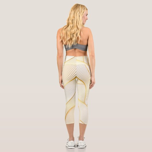 Elegante, moderne Floral Gold White Line Kollektio Capri Leggings (Rückseite)