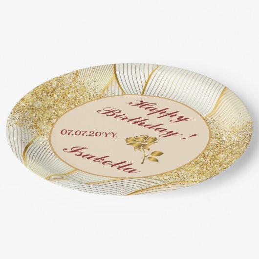 Elegante, moderne Floral Gold White Line Kollektio Pappteller (Schrägansicht)