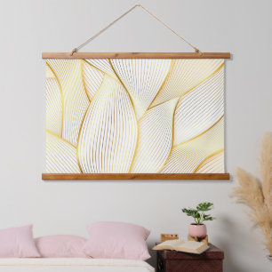 Elegante, moderne Floral Gold White Line Kollektio Wandteppich Mit Holzrahmen