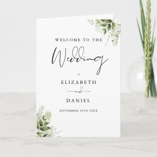 Elegante moderne florale Grün-Hochzeit Programm (Vorderseite)