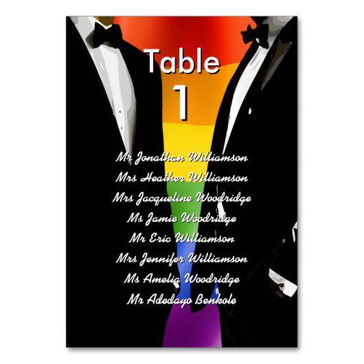 Elegante moderne Gay Men Wedding Rainbow Gästelist Tischnummer (Vorderseite)