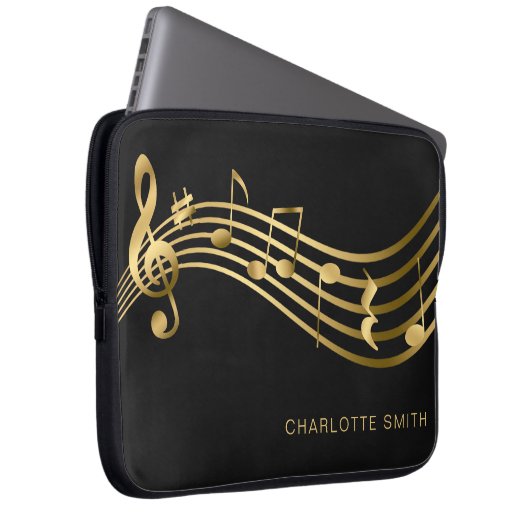 Elegante Moderne Gold & Black Musiknoten Laptopschutzhülle (Vorne Rechts)