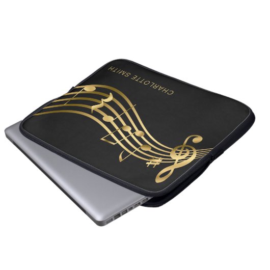 Elegante Moderne Gold & Black Musiknoten Laptopschutzhülle (Vorne Knopf)