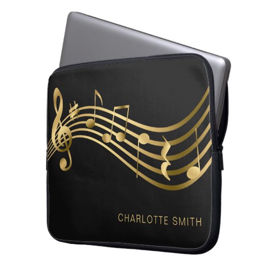 Elegante Moderne Gold & Black Musiknoten Laptopschutzhülle (Vorderseite Links)