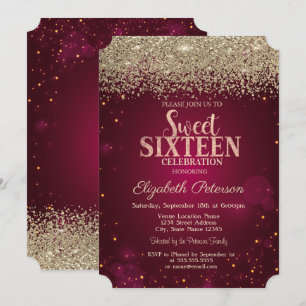 Elegante moderne Gold-Diamanten rote Sweet 16 Einladung