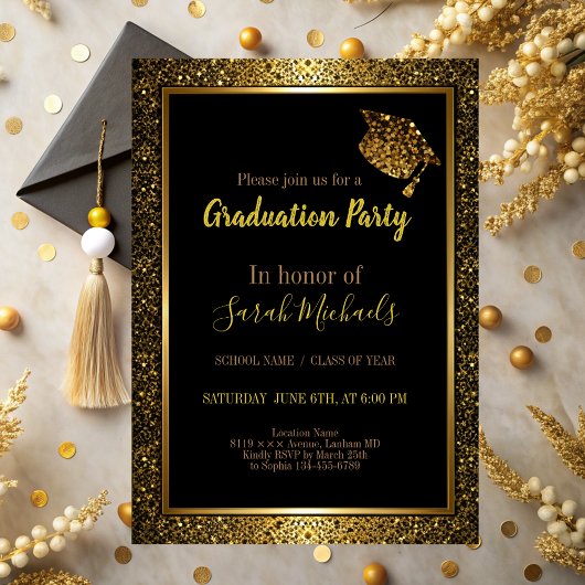 Elegante moderne Gold Glitter Graduation Cap Einladung