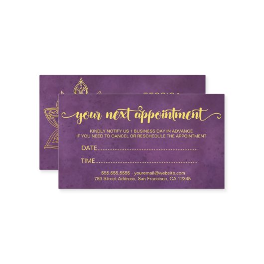 Elegante Moderne Gold Lotus Blume Lila Terminkarte (Vorderseite/Rückseite Beispiel)