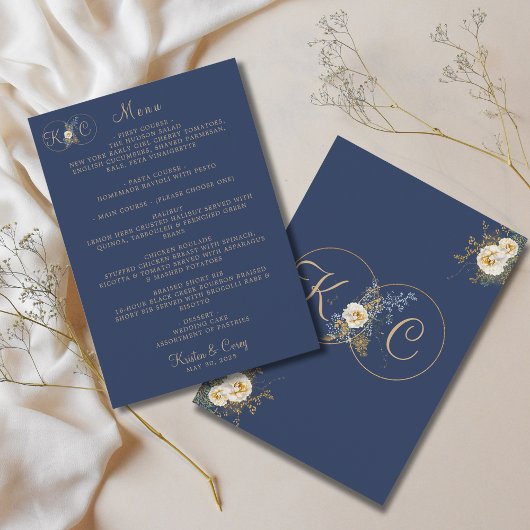 Elegante moderne Gold Monogram Navy Blue Wedding Menükarte