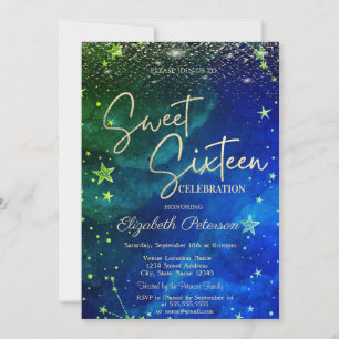 Elegante moderne goldene Sterne Blau Grün Sweet 16 Einladung