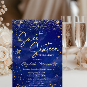 Elegante moderne goldene Sterne Blaue Sweet 16 Einladung