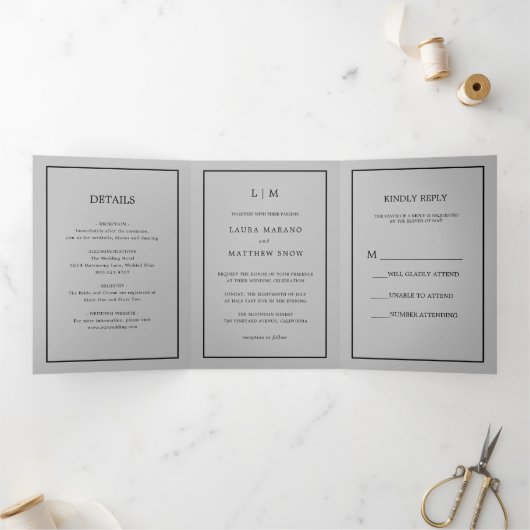 Elegante Moderne Gray Monogram Simple Wedding Dreifach Gefaltete Einladung (Innenseite)
