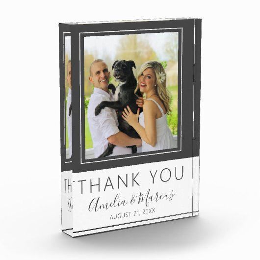 Elegante moderne Gray Script Danke für Ihre Hochze Fotoblock (Links)