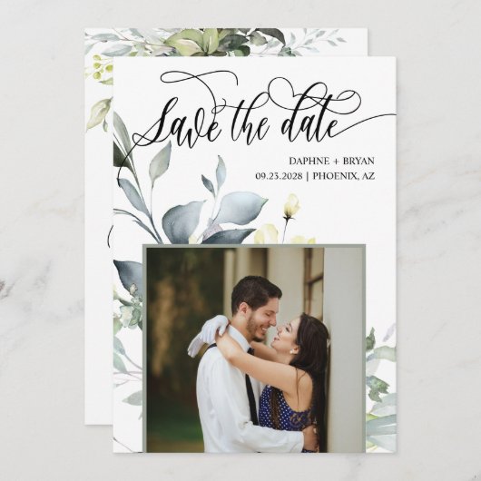 Elegante moderne grüne Blätter QR Code Foto Hochze Save The Date (Vorne/Hinten)