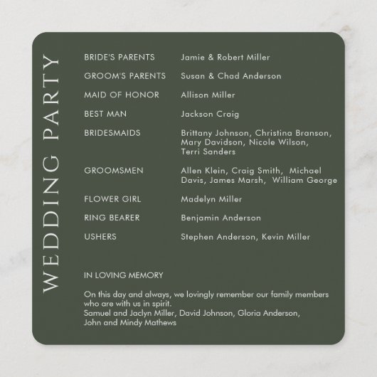 Elegante moderne grüne Hochzeit Programm (Rückseite)