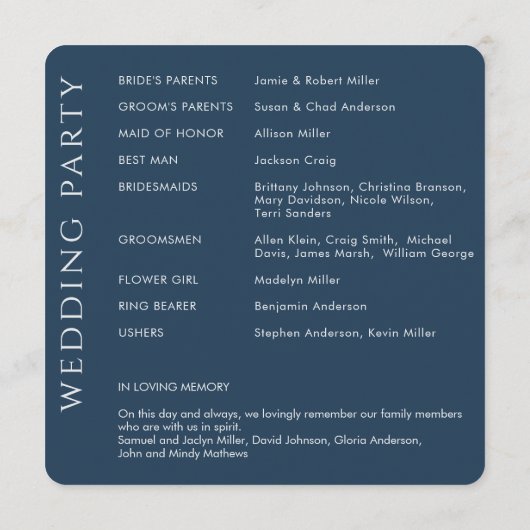 Elegante moderne Hochzeit der Marine Programm (Rückseite)