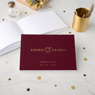 Elegante moderne Hochzeit in Burgund und Gold Gästebuch