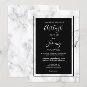 Elegante moderne Hochzeit in Schwarz-Weiß mit Marm Einladung