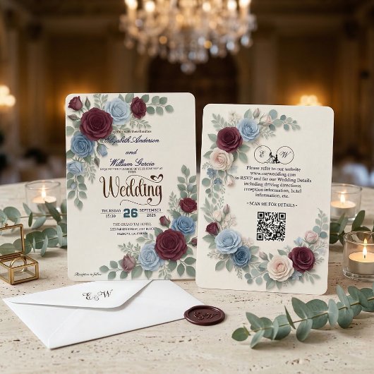 Elegante moderne Hochzeit mit QR-Code Rose Einladung