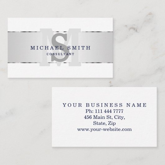 Elegante moderne IMITATE Silber Striptes Monogramm Visitenkarte (Vorne/Hinten)