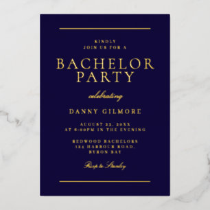 Elegante moderne Junggesellenparty Navy & Gold Folieneinladung