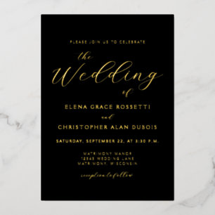 Elegante moderne Kalligrafie Black Gold Hochzeit Folieneinladung