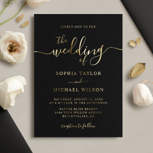 Elegante Moderne Kalligrafie Black & Gold Hochzeit Folieneinladung