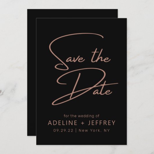 Elegante moderne Kalligrafie Black Rose Gold Weddi Save The Date (Vorne/Hinten)