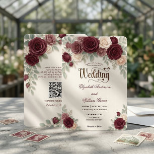 Elegante moderne Kalligrafie Burgunder-Rosen-QR-Co Einladung