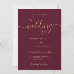 Elegante moderne Kalligrafie Burgundy & Gold Weddi Einladung