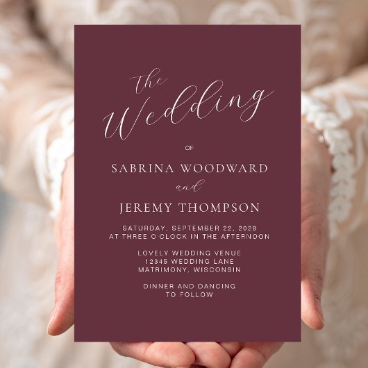 Elegante moderne Kalligrafie Burgundy Wedding Einladung