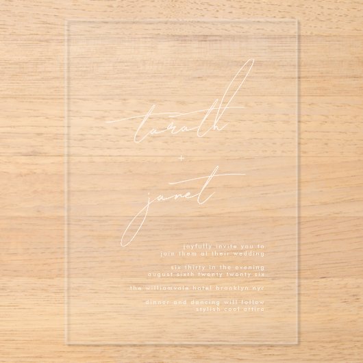 Elegante moderne Kalligrafie Creamy Wedding Acryleinladungen (Vorderseite)