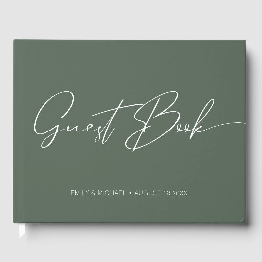 Elegante moderne Kalligrafie Dunkle Sage Wedding Gästebuch (Vorderseite)