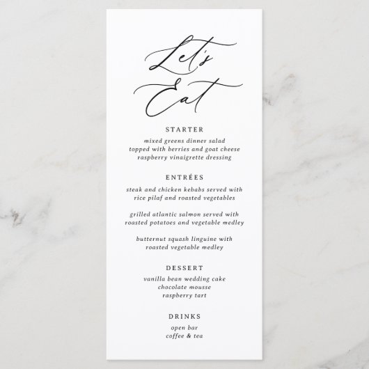 Elegante moderne Kalligrafie Essen wir Hochzeit Menükarte (Vorderseite)
