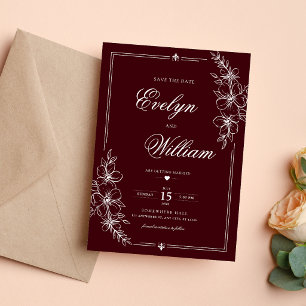 Elegante moderne Kalligrafie Florale Burgunder Hoc Save The Date