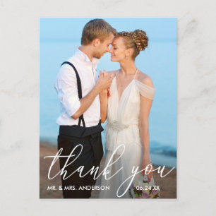 Elegante moderne Kalligrafie Foto Hochzeit Danke Postkarte