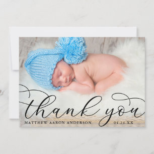 Elegante Moderne Kalligrafie New Baby Foto B Dankeskarte