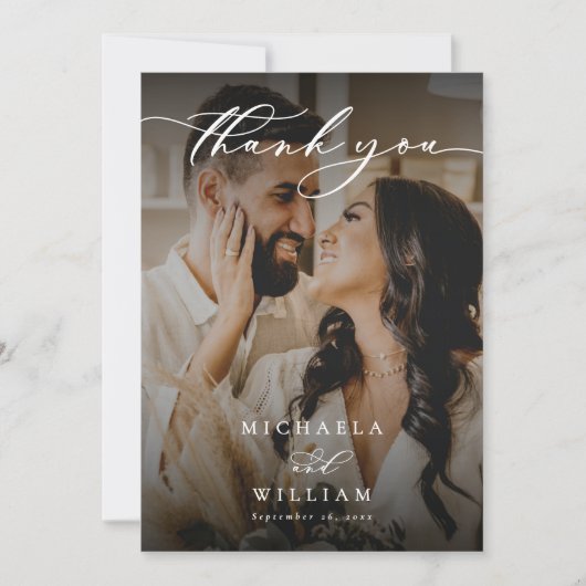 Elegante moderne Kalligraphie 2-Foto Hochzeit Dankeskarte (Vorderseite)