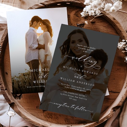 Elegante moderne Kalligraphie 2-Foto Hochzeit Einladung