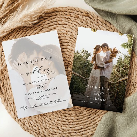 Elegante moderne Kalligraphie 2-Foto Hochzeit Save The Date