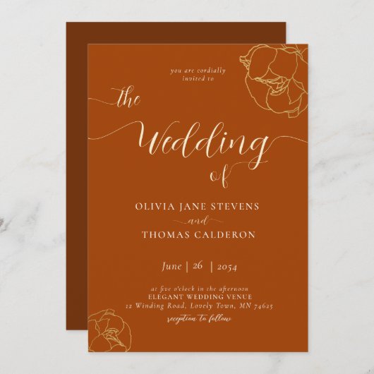 Elegante Moderne klassische Rostbraun-Blumenhochze Einladung (Vorne/Hinten)