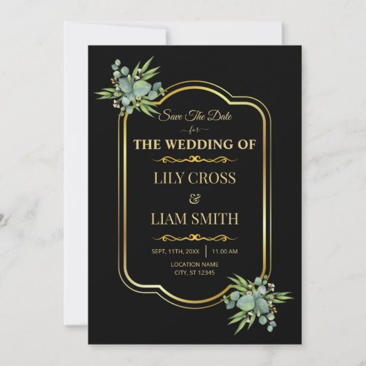 Elegante moderne klassische Schwarz-Gold-Hochzeit Save The Date (Vorderseite)