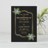 Elegante moderne klassische Schwarz-Gold-Hochzeit Save The Date (Stehend Vorderseite)