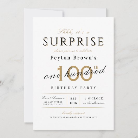 Elegante moderne, klassische Überraschung 100. Geb Einladung (Vorderseite)