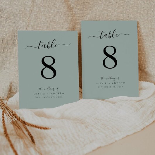 Elegante moderne, leicht grüne Hochzeit Tischnummer