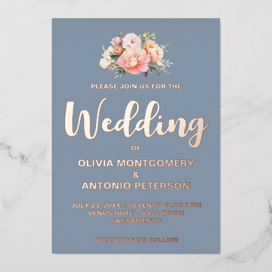 Elegante Moderne Light Pink Peony Dusty Blue Weddi Folieneinladung (Vorderseite)