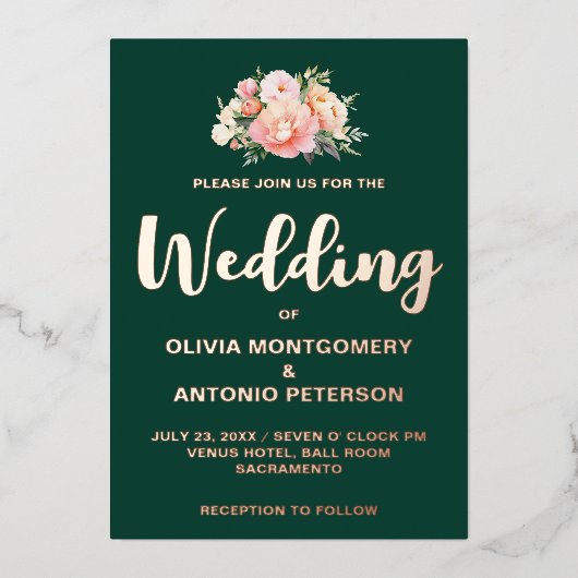 Elegante Moderne Light Pink Peony Emerald Wedding Folieneinladung (Vorderseite)