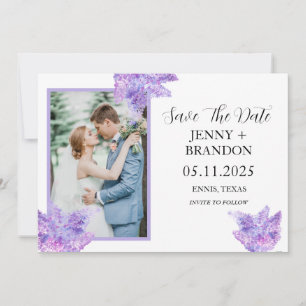 Elegante moderne lila Flieder Blumen Hochzeitsfoto Save The Date