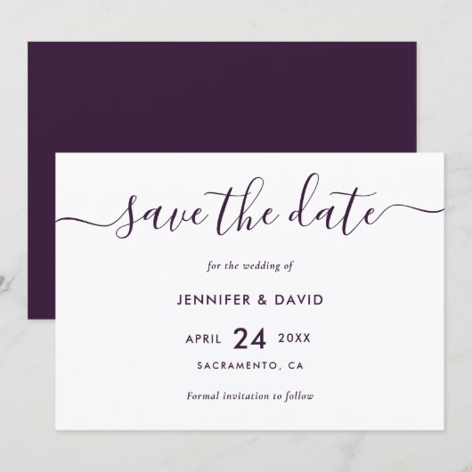 Elegante moderne lila Hochzeit Save The Date (Vorne/Hinten)
