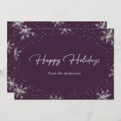 Elegante Moderne Lila Silberschneeflocke Feiertagskarte (Vorne/Hinten)